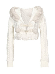 Cream White Cable Knit Cropped Hooded Cardigan with Detachable Fur Trim