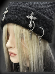 Y2K Black Cross Charms Studs Design Punk Cat Ears Beanie