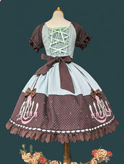 Mint Green & Black Polka Dot Sweet Lolita Dress with Chandelier Print and Lace Trim