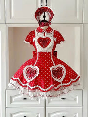 Red & White Heart Polka Dot Sweetheart Applique Sweet Lolita Dress with Bow Accents