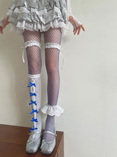 Blue Fishnet Tights/White Lace Trim Tulle Socks/Floral Pattern Cut-out Design Underknee Stockings with Bowknot