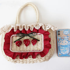 Sweet Lolita Strawberry Lace Details Straw Tote Bag