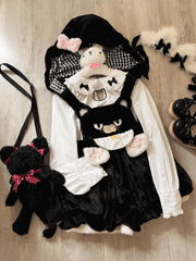 Soft Kawaii Black Plush Bloomer Overall Shorts with Cat & Paw Embroidery & Detachable Cat-Ear Hood