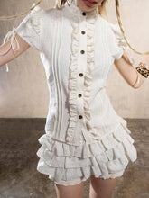 Y2K Gyaru Fashion White Short Puff Sleeve Leopard Print Punk Top with Ruffle Trim & Back Crisscross Tie