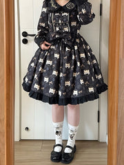 Black Sweet Lolita Dress with Cute Tiger Print and Ruffled Hem