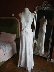 Vintage Rhinestones White Cutout Back V-neck Velvet Gown Evening Dress