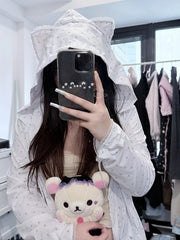 White Kitty Ears Hooded Jacket with Black Polka Dots, Cat and Musical Note Print