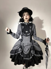 Classic Black Pinstripe Gothic Lolita Dress with Petite Ruffle Collar & Lace Trim Details
