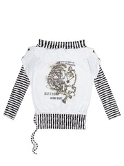 White Punk Off-Shoulder Cross Print Y2K Top with Buttoned Sleeves & Striped Accents