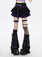 Y2K Black and Purple Plaid Buckle Belt Design Lined Tiered Skirt with Cross Garter