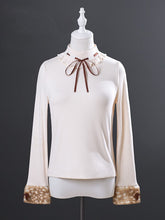 White Long Sleeve Top with Plush Deer Patterned Cuffs
