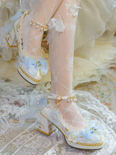 White & Blue Floral and Bow Accent 5CM/6CM/8CM Hime Lolita Block Heels