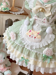 Kitty-themed Matcha Green Sailor Collar Sweet Maid Lolita Dress with Heart Apron