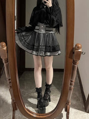 Heart Button Detailed Skirt - Jirai Kei Black & White Plaid High-Waist Tiered Design