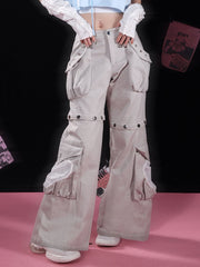 Star-shaped Studs Gray Cargo Pockets Detachable Jeans