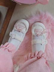 Sweet PU Snap Button Beige Flats with Letter Embroidery Heart Accents & Cozy Fleece Lining