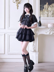 Jirai Kei Black Striped Set- Faux Two-pieces Dress Layered Skirt & Lace Trim and Shorts
