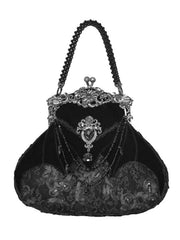 Lace and Velvet Black Bat Design Handbag with Rhinestone Chains & Beaded Handle