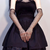 Rhinestone Decorated Fishnet Long Gloves