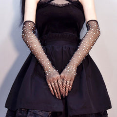 Rhinestone Decorated Fishnet Long Gloves