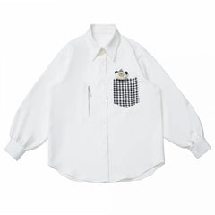 White Shirt with Plaid Pocket and Zipper Accent