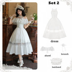 White Illusion Halter Neck Rosette Jacquard Fabric Elegant Dress Full Set