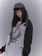 Long Sleeves Striped Top with Black and Gray Colorblock Design and Punk Print
