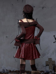 Vintage Punk A-Line Red PU Dress with Brown Knit Off-Shoulder Design & Bell Sleeves