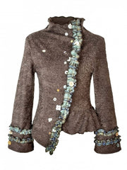 Vintage Mori Kei Brown Knit Cardigan with Green Plaid Accents & Playful Buttons