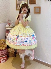 Lamb and Bunny Print Yellow Short Sleeves Sweet Lolita Peter Pan Collar Dress