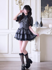 Jirai Kei Style Faux Two-Piece Outfit: Gray Striped Layered Lace-Trimmed Dress and Shorts