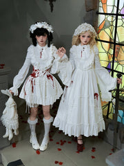 White Gothic Lolita Set - Short Version OP + Asymmetrical Corset Belt + Bloomers + Jabot Brooch