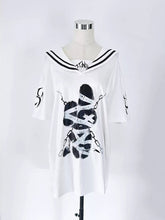 White Sailor Collar Cotton T-shirt with Gothic Restraint Bunny Print & Detachable Embroidered Chest Panel