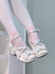 White Elegant Lolita Mary Jane Shoes with Crisscross Straps & Heart Snap