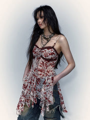 Red Floral Print Punk Y2K Slip Dress with Lace Trim and Handkerchief Hem