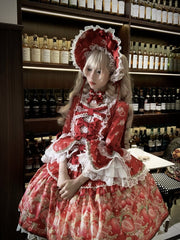 Strawberry Print Red Bell Sleeves Lolita Dress with Lace Trim and Bow Accents