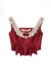 Wine Red Lace Trim Lolita Top With Lace- Up Back And Bow Details