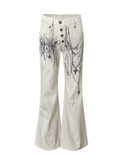 White Punk Wide-Leg Chain Print Pants with Cross Studs & Button-Up Fly