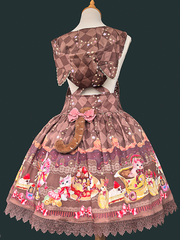 Coffee Diamond Pattern Sweet Lolita Overall Dress with Dessert Print and Cat Ear Hood