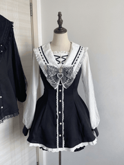 Nautical Jirai Kei Coord Set: Black and White Sailor Collar Dress with Matching Shorts