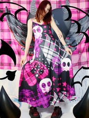 Kuro Kawaii Black Skeleton and Star Print Plaid Heart Pattern Cami Dress