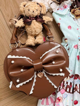 Scalloped Trim, Bead-Adorned Bow Design & Convenient Zipper Closure PU Brown Hand/Shoulder/Crossbody Heart Bag in Sweet Lolita