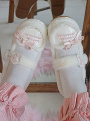 Sweet PU Snap Button Beige Flats with Letter Embroidery Heart Accents & Cozy Fleece Lining