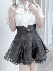 Jirai Kei Black Plaid Skirt with Organza Overlay and Lace-up Back