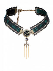 Steampunk Black Lace Dark Green Choker with Tassels