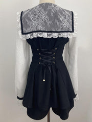 Jirai Kei Black Full Set: Lace Sailor Collar Mini Dress with Mesh Long Sleeves, Shorts & Detachable Bow Tie