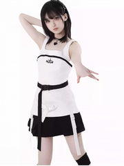 Wasteland Punk White Square Neck Techwear Tank Top with Snap Belt