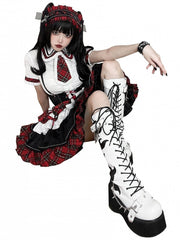 White and Black Punk Goth Platform Boots Spike Studs Chains Knee-high Boots