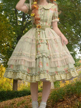 Green Bunny and Sunflower Print Puff Sleeves Sweet Lolita Dress with Overlay and Plaid Hem