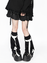 Punk Harajuku Style Black Leg Warmers: Cross Detail & White Leather Straps